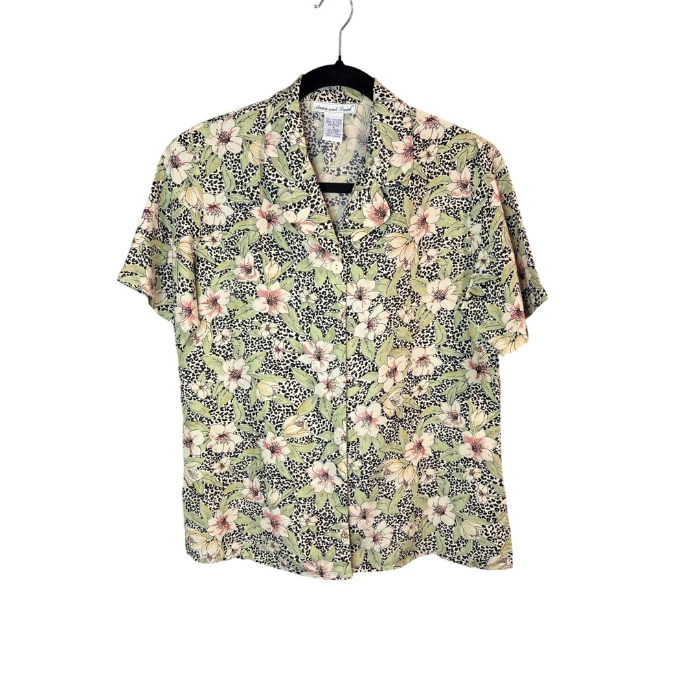 Anna and Frank Silk Floral Leopard Print Blouse Short Sleeve Camp Shirt Small P